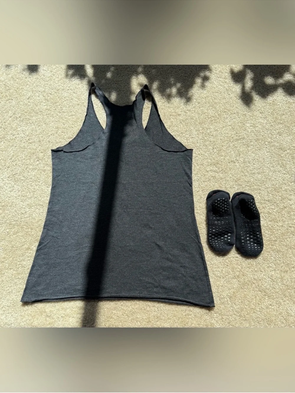 Pure Barre Dark Gray Racerback Tank Top and Black Grips for Women.